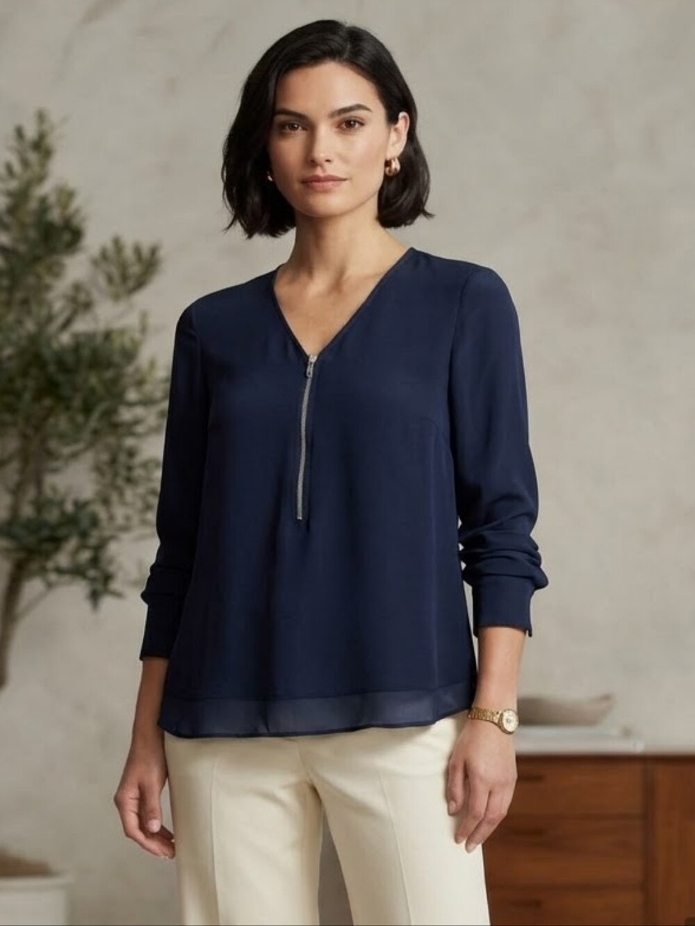 NEW The Kooples 100% Silk Zip Up Blouse Navy Size S Classic Professional